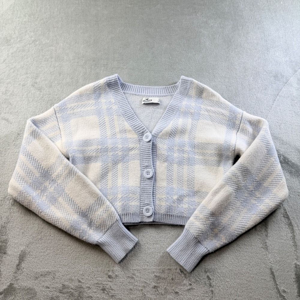 Hollister Blue White Plaid Cropped Cardigan Sweater Women's Size S V-Neck Knit